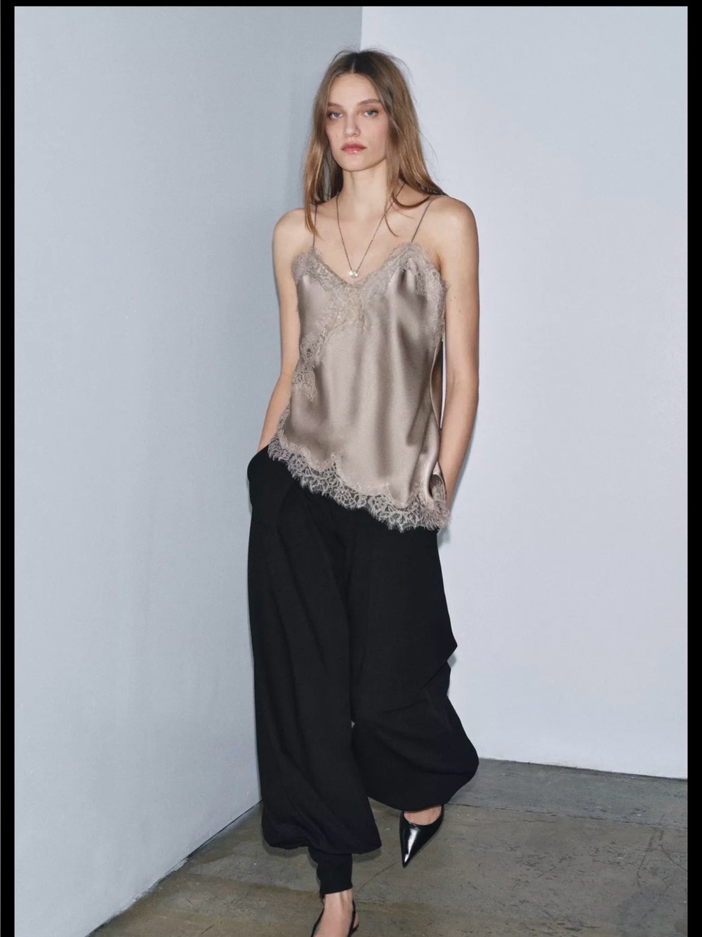 Zara Silk Lace Trim Cami - Taupe